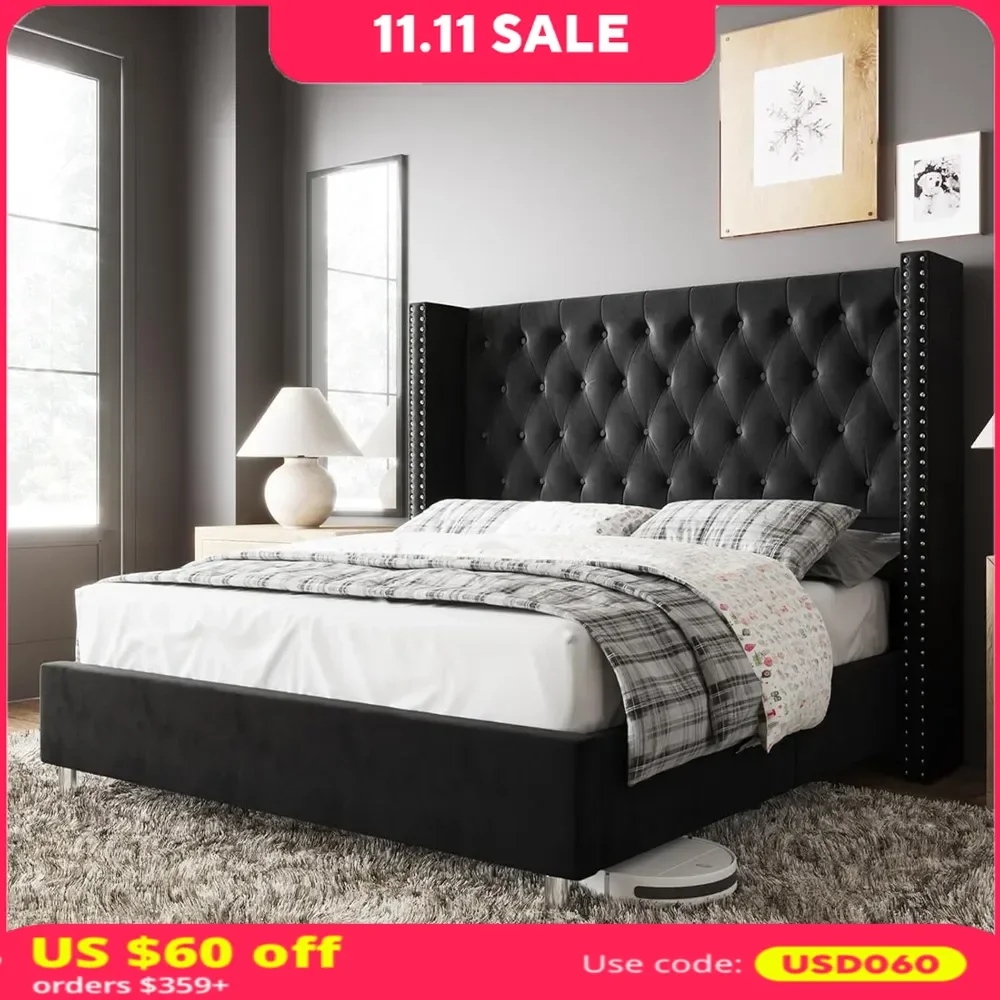 Bed Frame,  Upholstered Bed Wingback Headboard Velvet Tufted Diamond Button，No Spring Needed，Easy Assembly，Bed Frame.