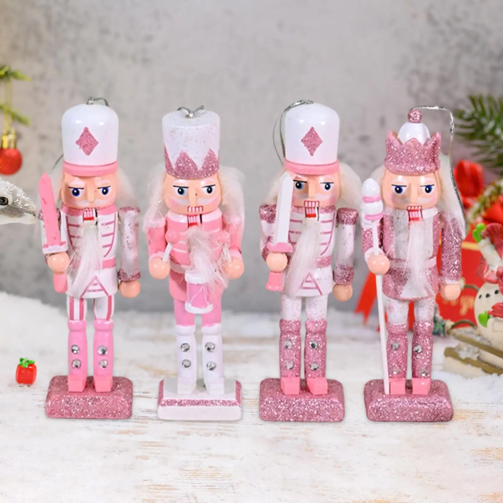 4Pcs Nutcracker Figurines Christmas Decorations Pendants Decor Statues Shiny Wooden Nutcracker for Living Room Christmas Tree