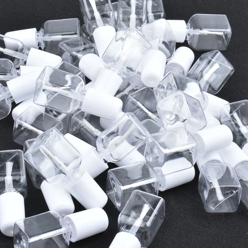 10 pz/lotto 5g Mini Sveglio di Plastica Trasparente Bottiglia Con Tappo Bianco Spazzola di Plastica Vuota Chiodo Quadrato Lucido Chiodo Bottiglia per I Bambini