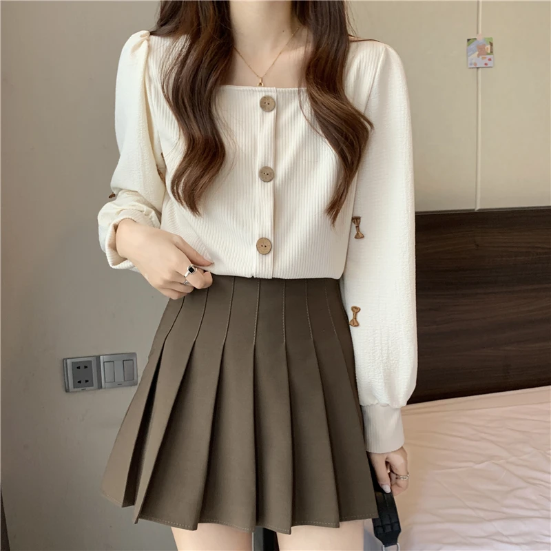 Shirts&blouses Woman Spring Autumn Square Neck Bows Sweet Blusas Mujer Korean Fashion Contrast Color Camisas