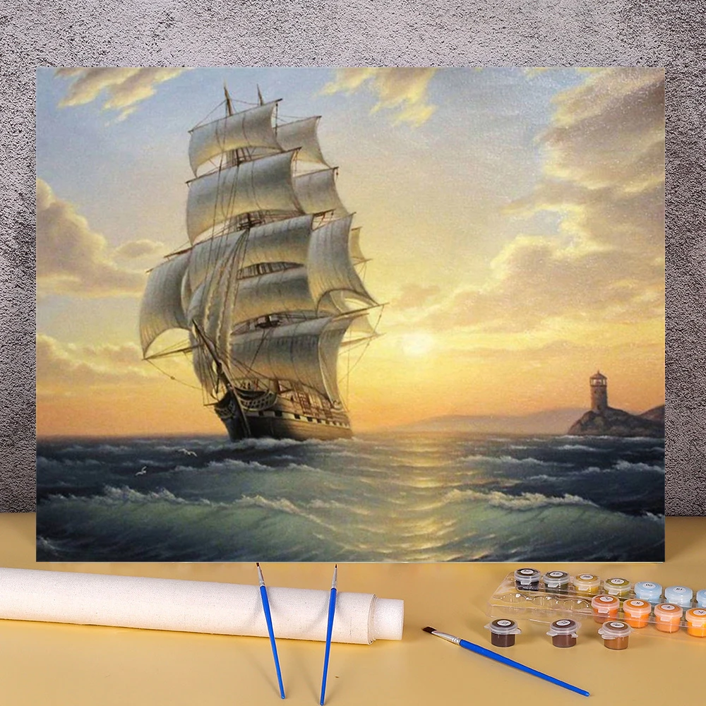 

Diy Oil Paintings By Numbers Landscape Sunset Pictures Acrylic Wall Art Painting for Kitchen Home Decoration Seascape Sailboat