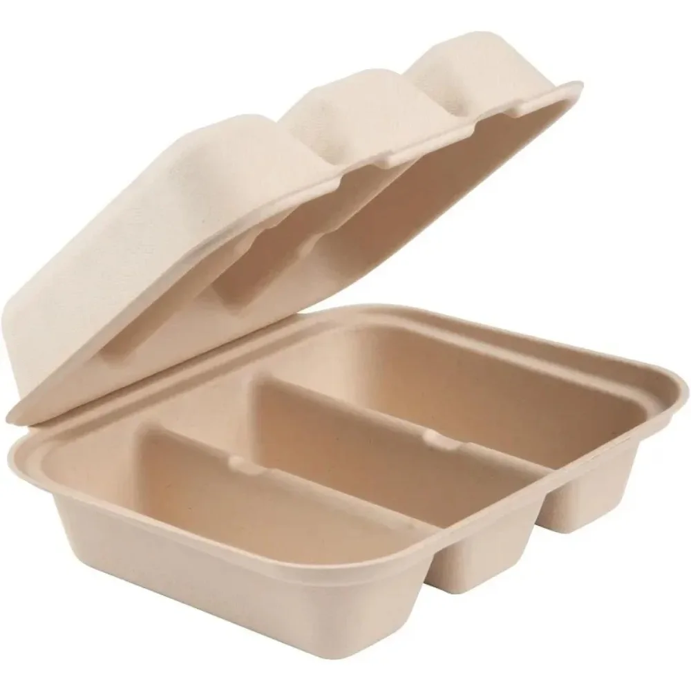 Picnic Compostable Taco Holders 3-Compartment Pulp Clamshell Boxes Biodegradable Takeout Containers Microwavable Eco-Friendly