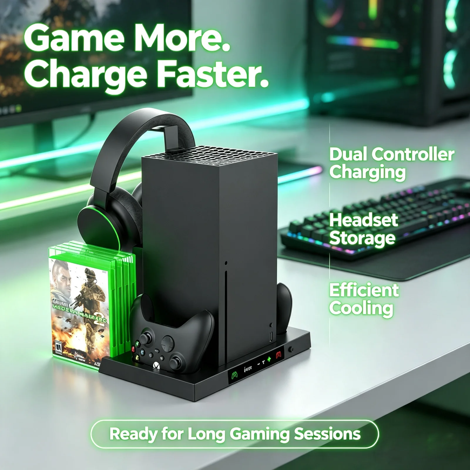 xbox-series-x冷却スタンド-デュアルコントローラー充電器-ゲームカード収納-ヘッドホンホルダー-ゲーミングアクセサリー