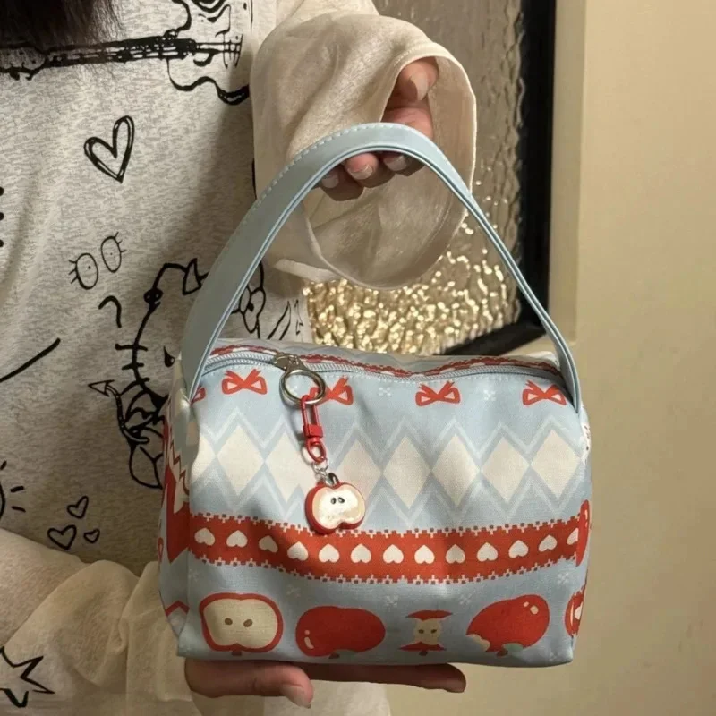 Bolsos de mano con lazo de Apple para mujer, bolsa de maquillaje, bolsa de almacenamiento portátil, mochilas con cremallera con estampado dulce 3D, bolso de mano de viaje de gran capacidad, nuevo
