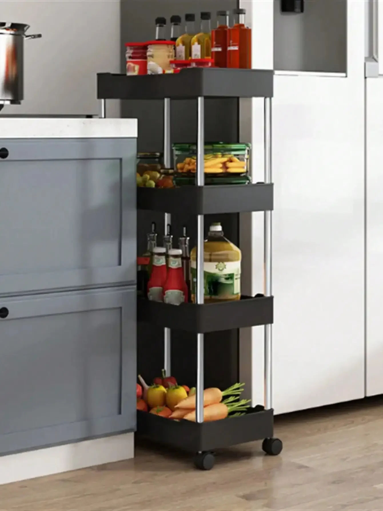 

1pc Kitchen Bathroom Storage Rack 3/4 Tier Rolling Cart Storage Shelf Movable Gap Slim Slide Organizer Shelf Livingroom Rack