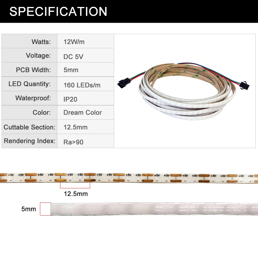 DC5V WS2812 Individually Addressable COB Led Strip Light Luces FOB RGBIC 160Led/M High Density Flexible Pixel Lights 5mm PCB