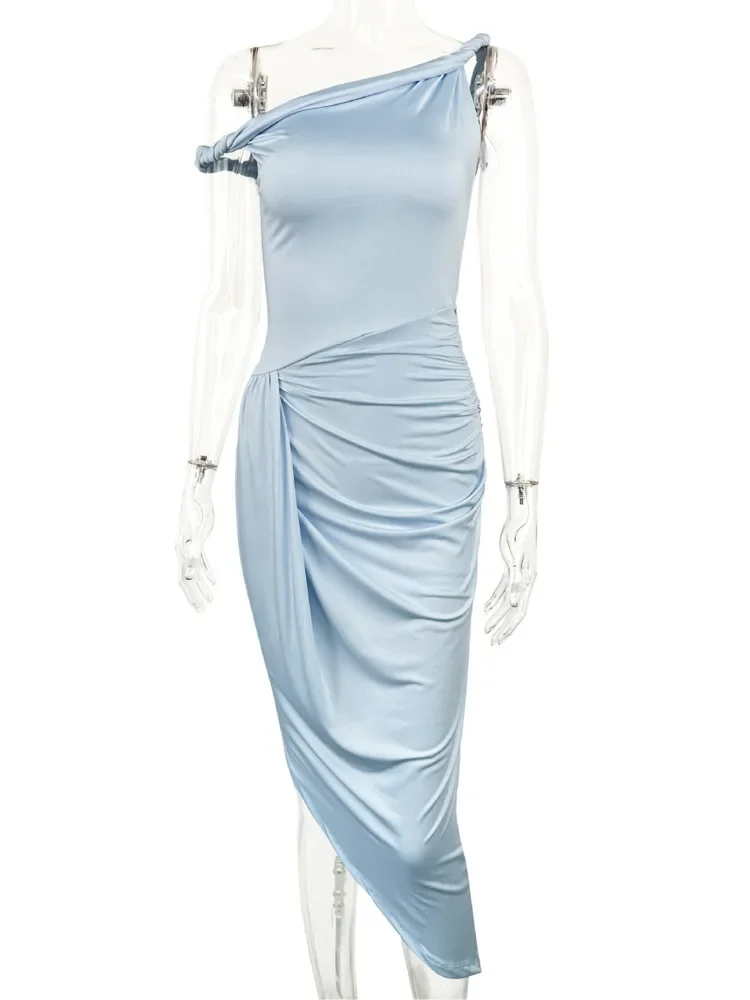 

2025 New Irregular Backless Sexy Maxi Dress For Women Blue One-shoulder Sleeveless Draped Ruched Bodycon Club Party Dresses