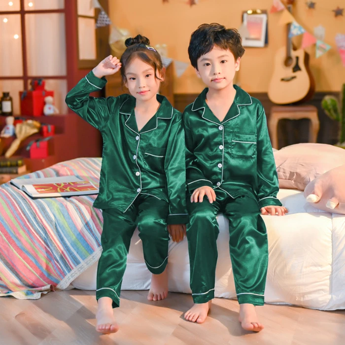 Four Season Children\'s Satin Silk Pajamas Sets Kids Pyjamas Girls SSleepwear Pijamas Infantil Solid Color Teenager Loungewear