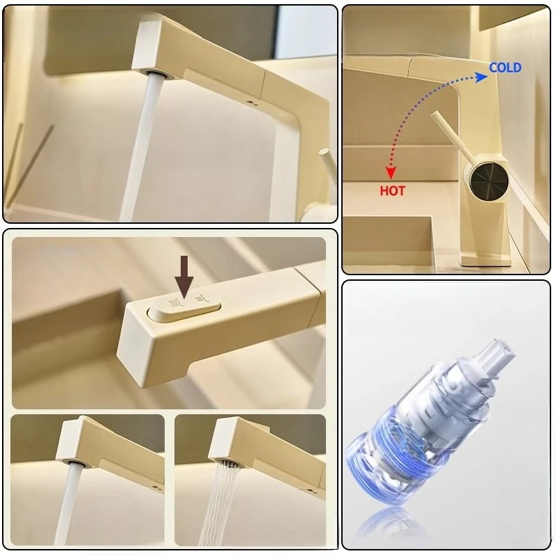 

Выдвижной смеситель для умывальника, смеситель для горячей и холодной воды, интеллектуальный цифровой дисплей, двухрежимный выпуск воды, смеситель для ванной комнаты с одним отверстием
