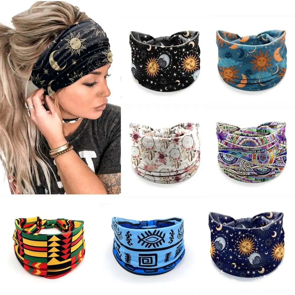 New Elastic Wide Headbands Boho Flower Print Printed Headscarf Vintage Knot Star Printed Hair Scarf Girls