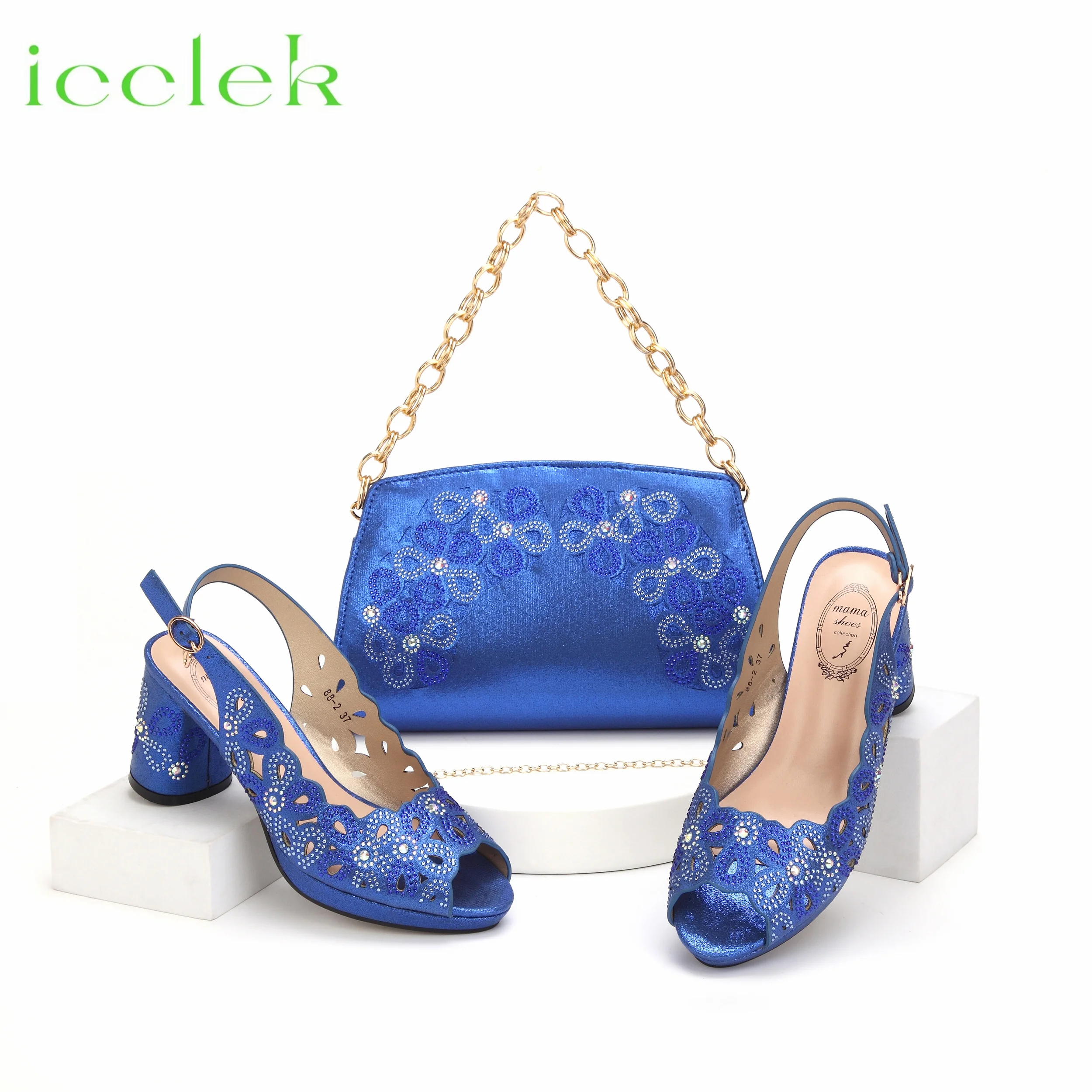 

Royal Blue New Arrival Ladies High Heel Hollow Design Shoes and Bag Set For Mature Ladies Wedding Party Pump