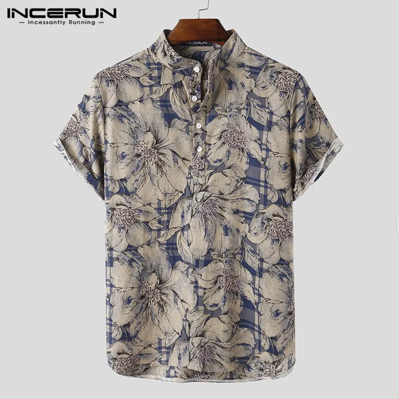 INCERUN 2024 Men Casual Shirt Printed Short Sleeve Stand Collar Vintage Streetwear Camisas Summer Vacation Hawaiian Shirts S-5XL