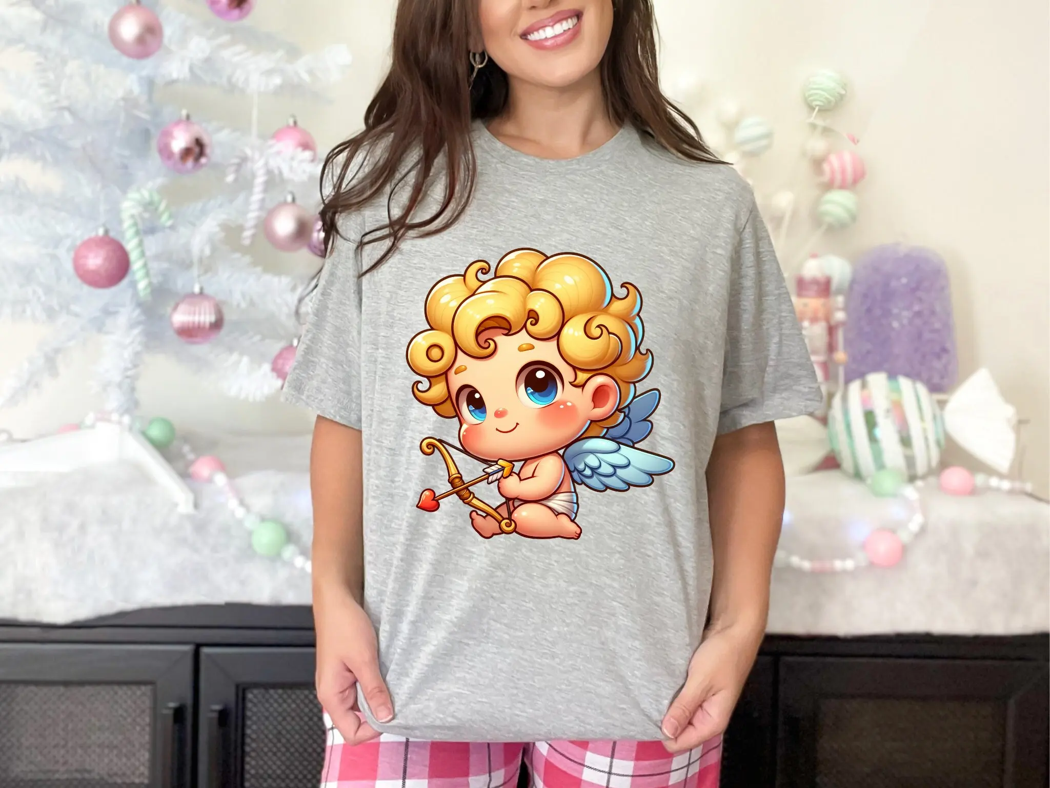 Unique Cupidon Cartoon T Shirt Heart Arrow Design Cotton Fashionable Print Casual Love Themed Apparel