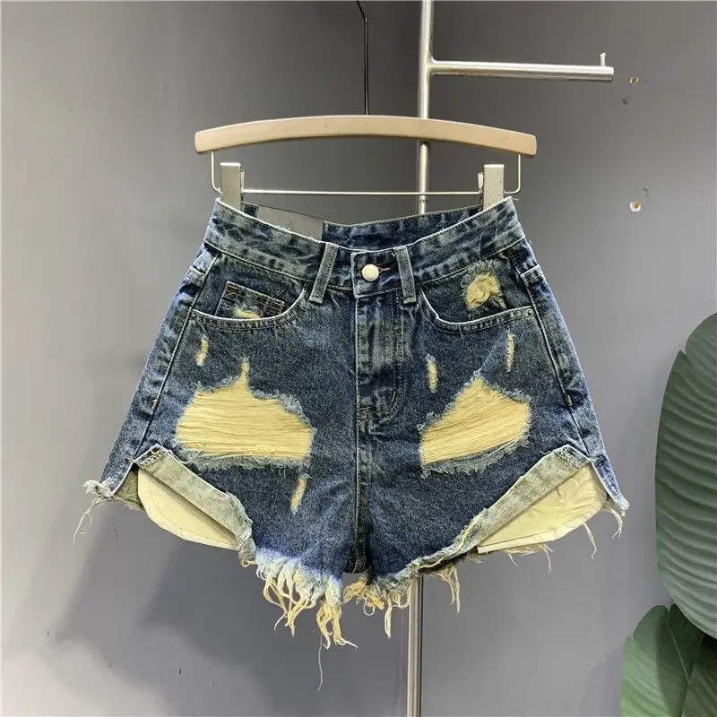 

Vintage Women Hole Ripped Denim Hot Shorts Tassels High Waist Casual Trousers Summer Hip Hop Pocket Flare Short Jeans Streetwear