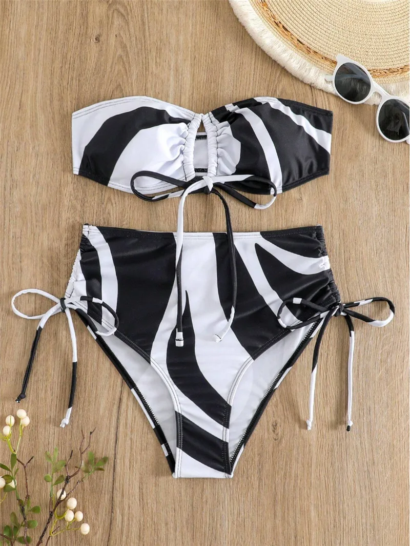 Cikini Summer Beach Colorblock Drawstring Bandeau Bikini Set Sexy Swimwear Bathing Suit For Women