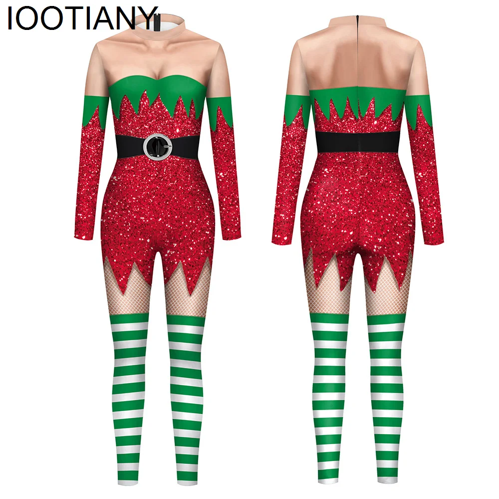 IOOTIANY Christmas Stripe 3D Print tuta da donna Carnival XMAS Party Costume Cosplay body adulti tutina natalizia abiti