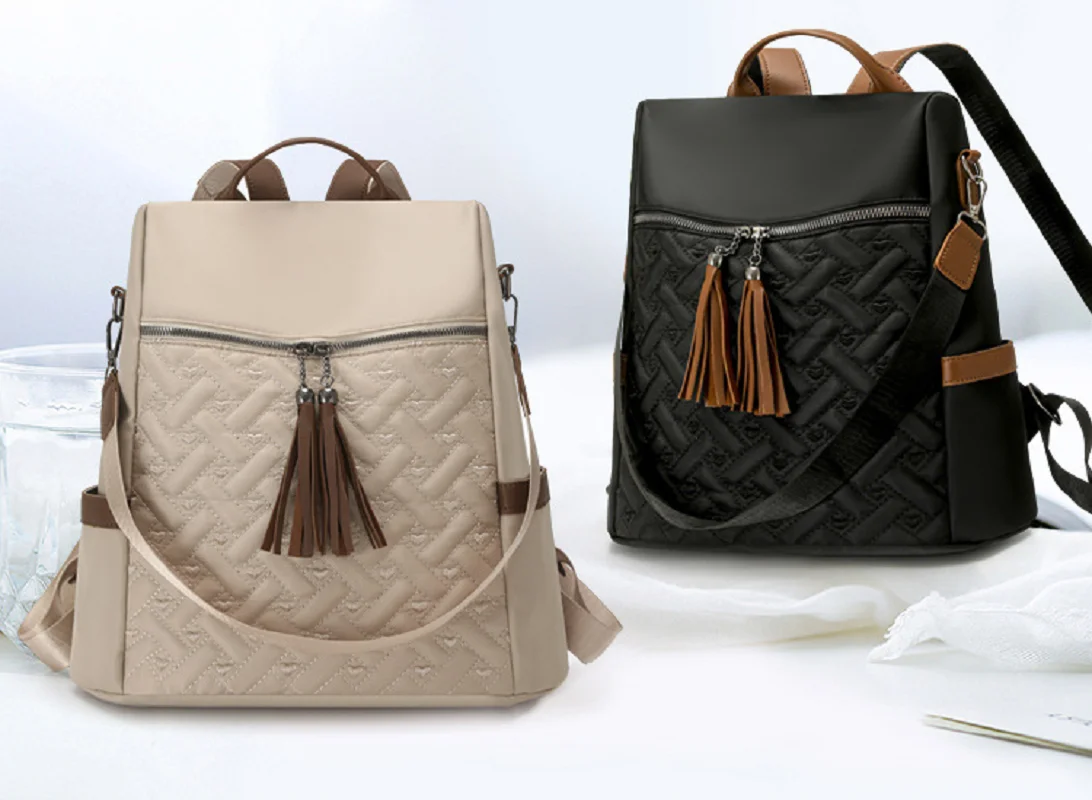 

New Korean Fashion Tassels Double Zipper Shoulder Bags Women's High Capacity Travel Backpacks Notebook School Bag Crossbody Bag