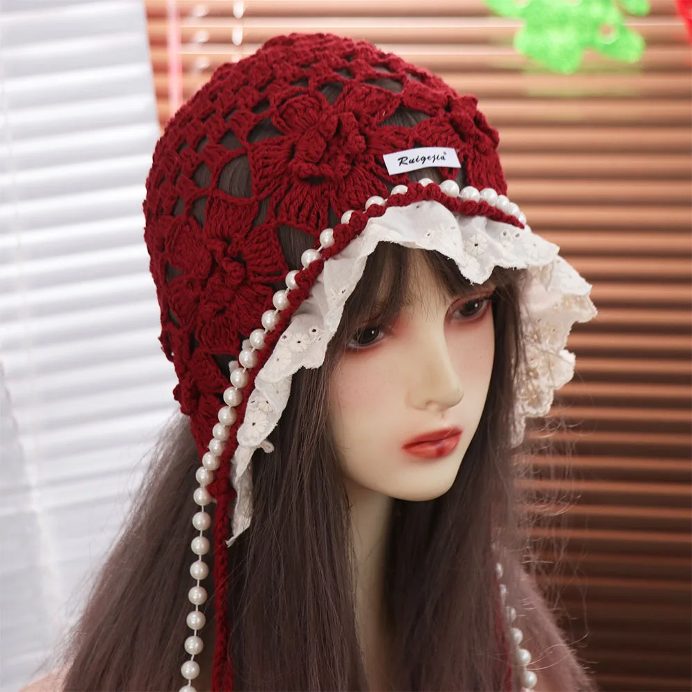 

Fashion Pearl Tassels Crochet Flower Knitted Hat Hollow Out Thin Lace Beanies Korean Handmade Knit Cap Girls