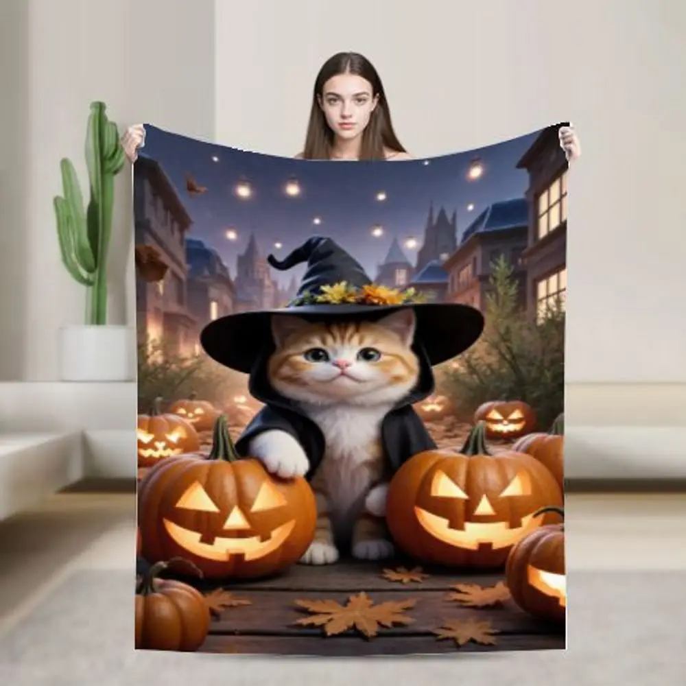 Charmant oranje en wit katje met heksenhoed en Jack-o'-lantaarns - Gezellig Halloween-decor met feestelijke lichtslingers, M