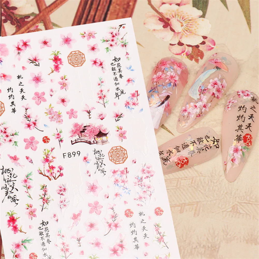 Chinese Characters Nail Stickers Watercolor Flowers Bamboo Leaf Sliders Moutain Crane Birds Decals Letters Manicure Foils NLF903