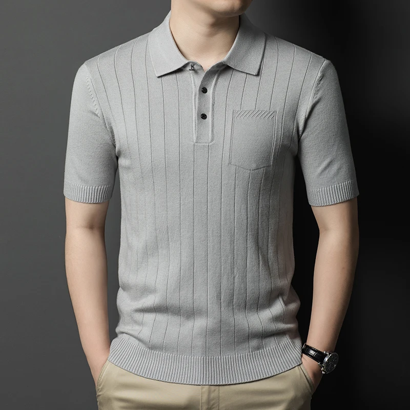 

Мужская трикотажная футболка ort Sve, повседневная футболка с откидным воротником f Sve Busin, одежда для отдыха из мягкой шерсти, осенне-зимний полосатый топ