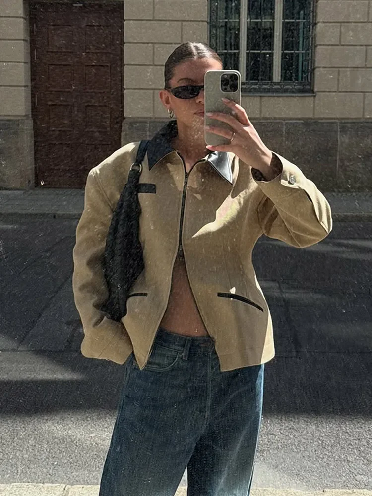 

2025 Fashion Lapel Patchwork Coat Women Chic Long Sleeve Pockets Zipper Slim Fit Jacket Autumn Lady Daily Commute Outerwear