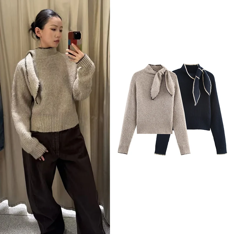 

Knitted Pullover Sweater Spring 2026 New Fashion Scarf Collar Slim Elegant Women's Sweater Chic Youth Casual Warm Pullover Tops