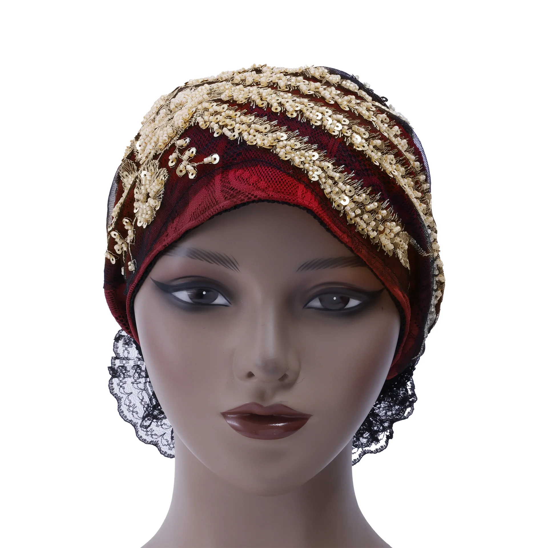 ファッション女性用スパンコール付きケモキャップ、レースフラワーターバン、ムスリムヒジャブ、ビーニー、ボンネット、ビーズ付きヘッドスカーフ、脱毛用ヘッドラップ、ターバン、新作