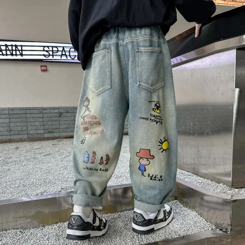 

Spring and Autumn 2025 New American Graffiti Printed Wide-leg Pants Children Fried Street Loose Straight Trousers Boys Jeans