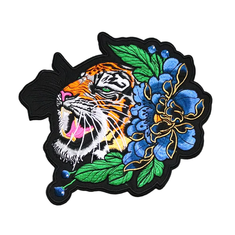 Large Peony Tiger Size: 25.2x22CM Patch Iron On For Clothes Motorcycle Patch Embroidered Patches For Clothing Sticker Stripe