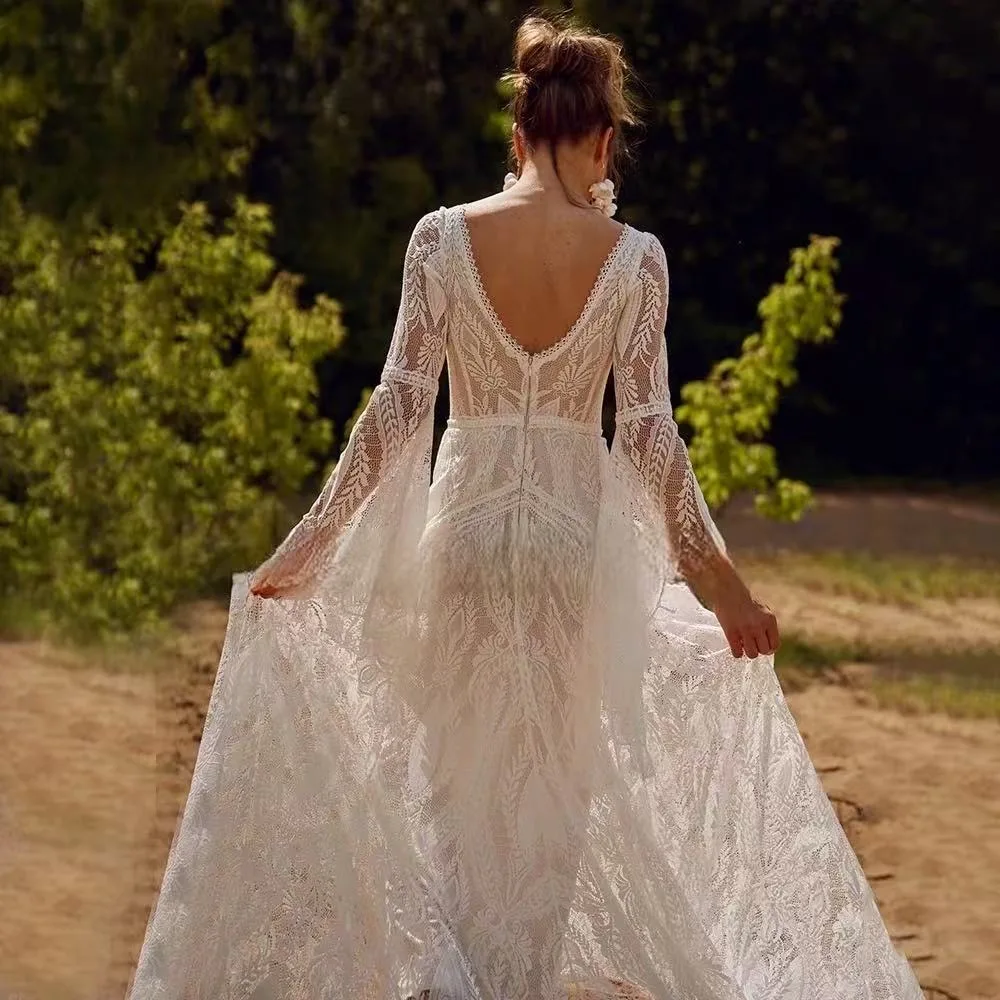 Vestidos de casamento vintage personalizados para mulheres 2025v-pescoço sem costas vestidos de noiva bohemia mangas alargadas rendas robe vestidos de novia