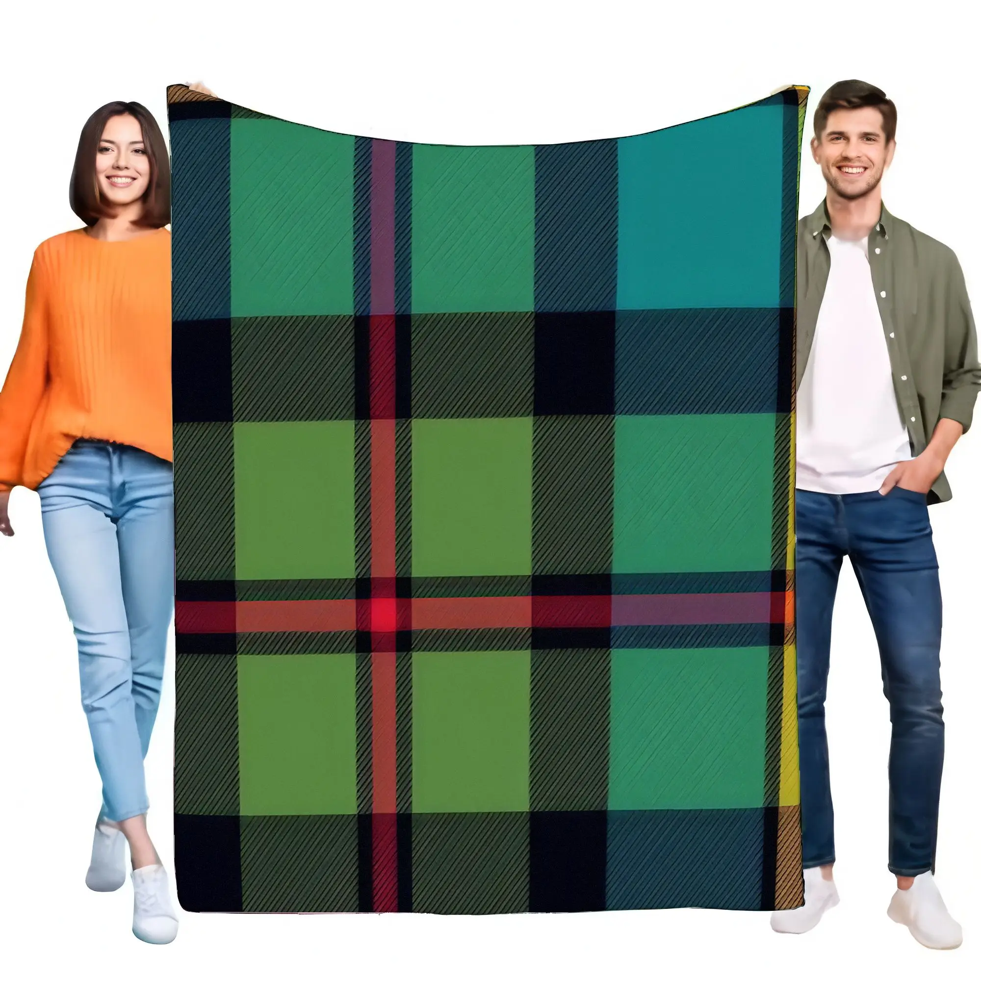 Vibrant Green Black Red Blue Tartan Plaid Fleece Blanket Super Soft Cozy Warm Throw for Bed Sofa Living Room Dorm Home Decor Chr