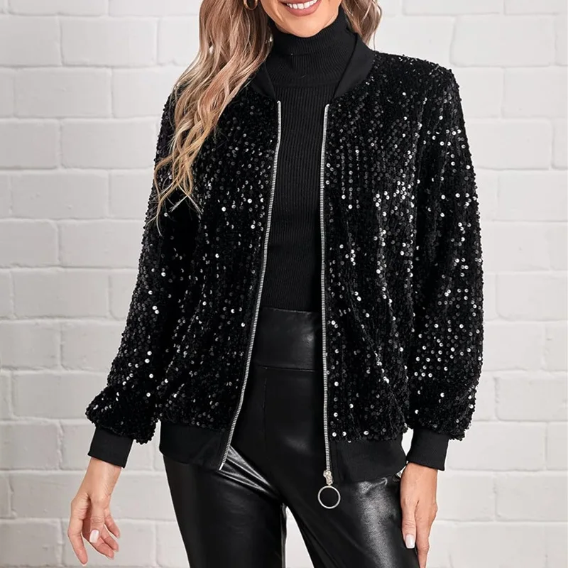 Veste de Baseball à Paillettes Brillantes pour Femme, Cardigan Chic à Col Rond, Manches sulf, Fermeture Éclair, Haut Décontracté, Polyvalent, Solide, Document, Mode de Rue