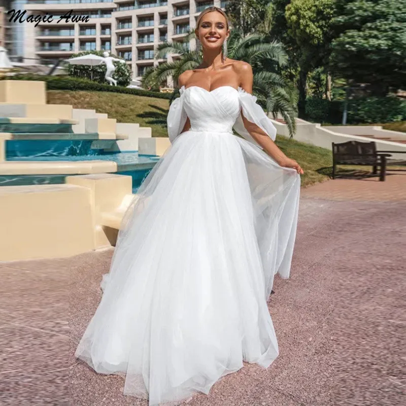 Magic Awn Off The Shoulder abiti Da Sposa bianchi Boho Soft Tulle Lace-Up Back Beach Mariage abiti per le donne Abito Da Sposa