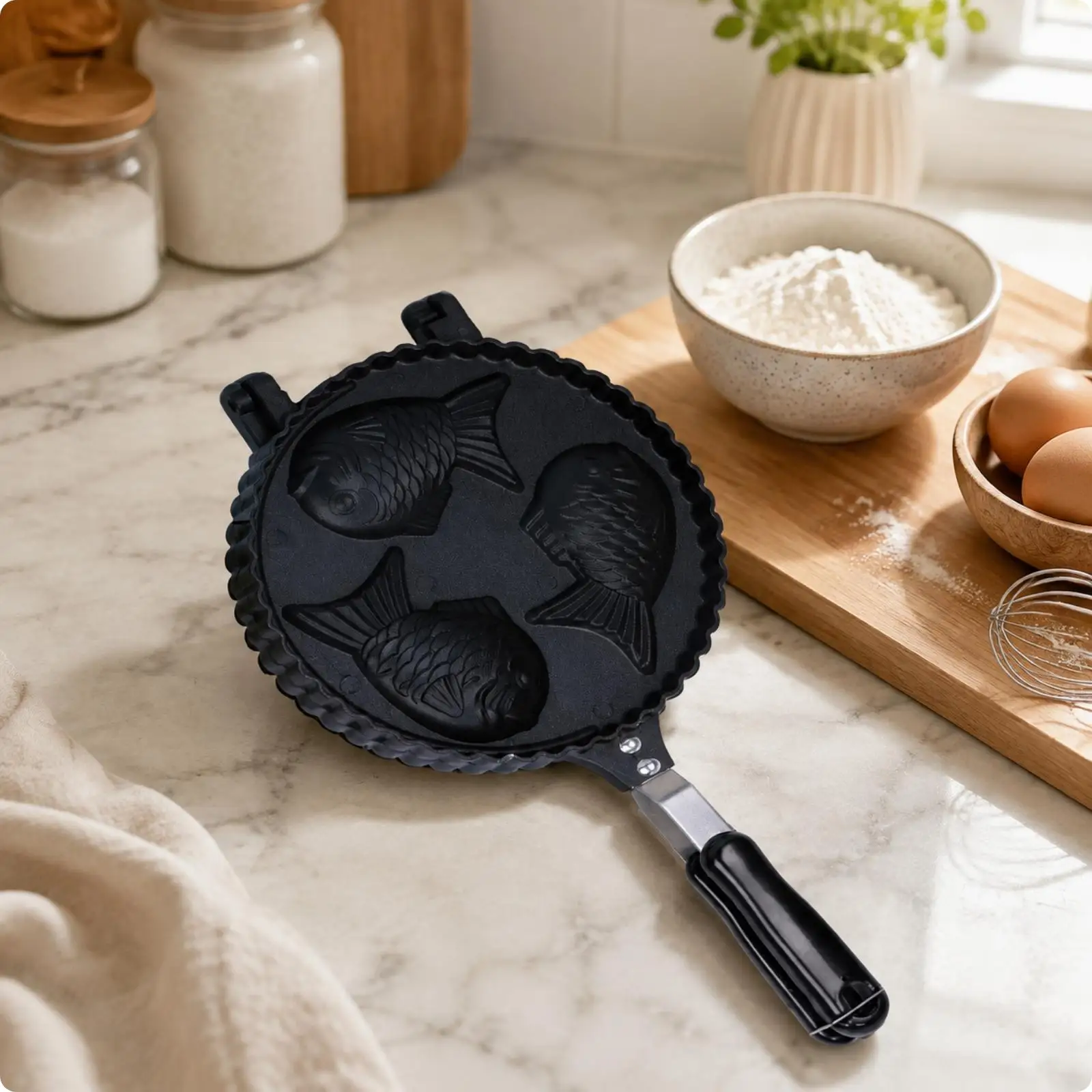 Nonstick Fish Shaped Cake Pan Waffle Baking Mold for Gas Stove Aluminum Alloy Construction Seabream Pastry Maker with Handle
