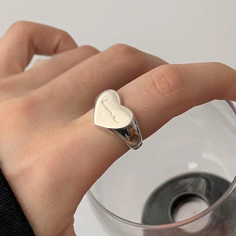 Foxanry Silver Color Love Heart Geometric Letter Rings For Women Couples Fashion Simple Classic Birthday Party Jewelry Gifts