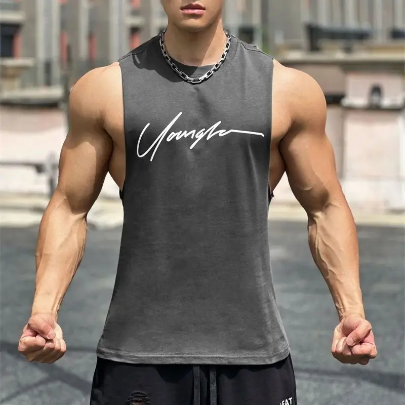 Cotton fashion men\'s tank top Streetwear Sports casual men\'s top Wide shoulder crew neck sleeveless tank top men\'s wear