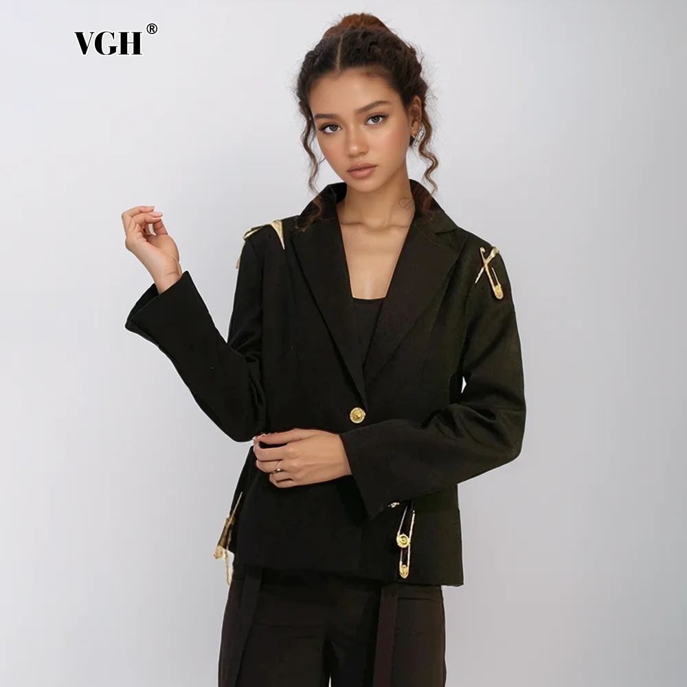 VGH Chic Spliced Metal Tunic Blazer For Women Notched Collar Long Sleeve Patchwork Button Temperament Blazers Female Fashion New