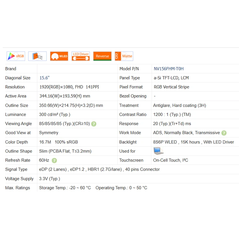 15.6นิ้ว IPS NV156FHM หน้าจอ LCD แล็ปท็อป NV156FHM-T0H T0H หน้าจอสัมผัสอะไหล่แผงแสดงผลเมทริกซ์1920x1080 EDP 40พิน