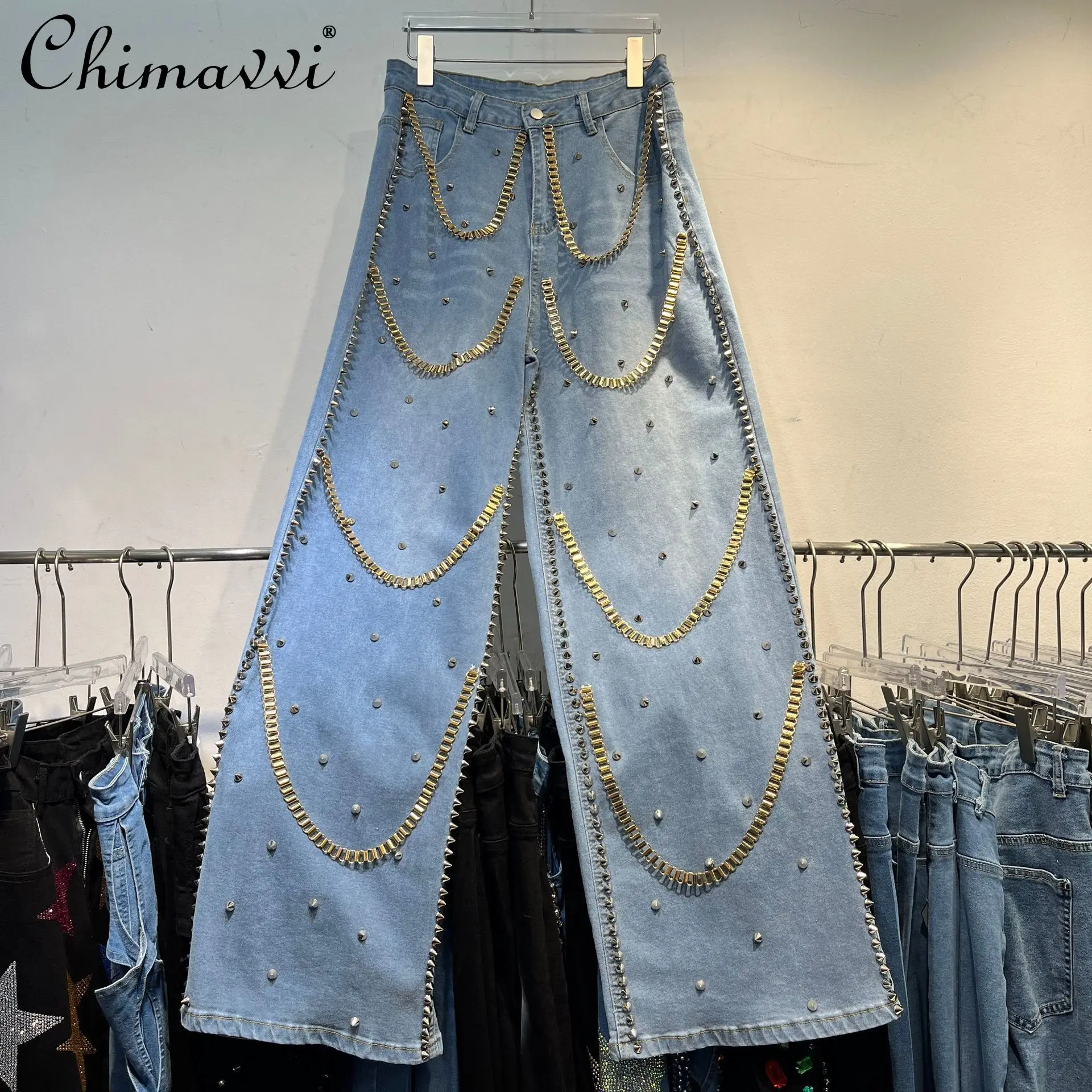 

Heavy Rivet Design Straight-leg Jeans Women 2026 Spring/Summer New Fashion High-waisted Slimming Streetwear Wide-leg Jeans