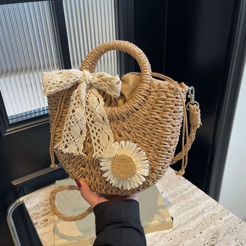 Handwoven Straw Rattan Half-Moon Beach Handbag Small Women Summer Hollow Out Crossbody Shoulder Bag