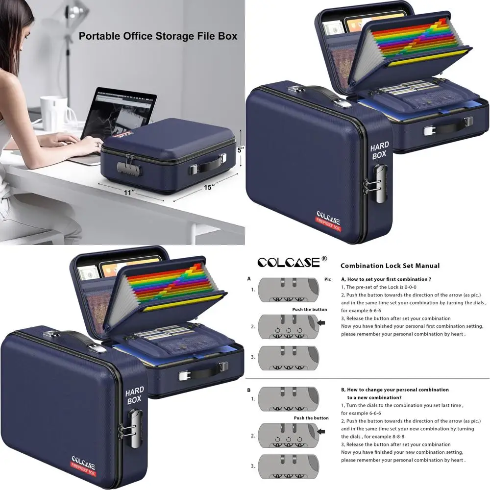 

Water Resistant Hard Shell Document Case with Lock for Safekeeping Important Papers, Certificates, Laptop, and Passports - Blue