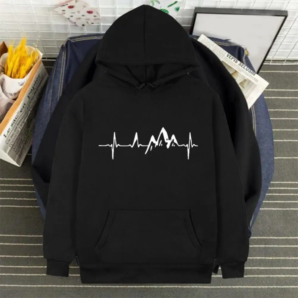 

Men Spring Hoodie Mountain Ekg Print Hoodie Warm Plush Stylish Men's Streetwear Pullover Men Hoodie