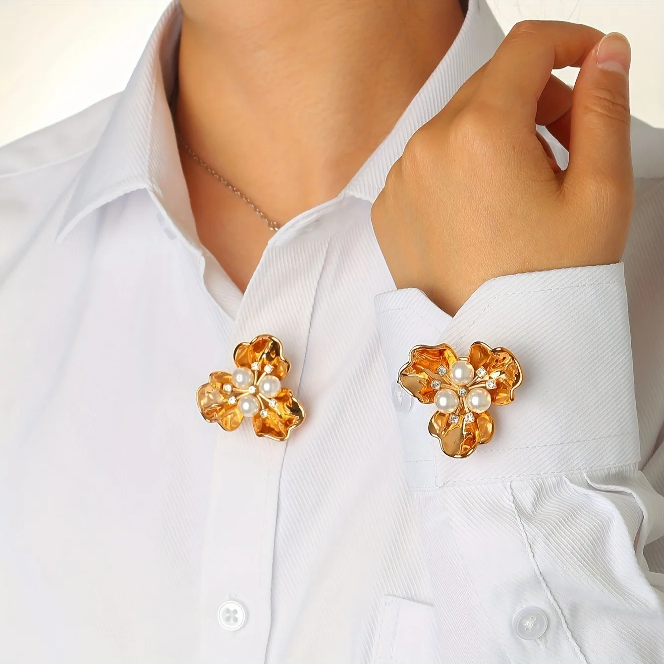 مجموعة غطاء أزرار زهرة اللؤلؤ أزياء أنيقة بأحجار الراين ومشابك مزينة بأكمام قميص فستان اثنين في واحد إكسسوارات الملابس