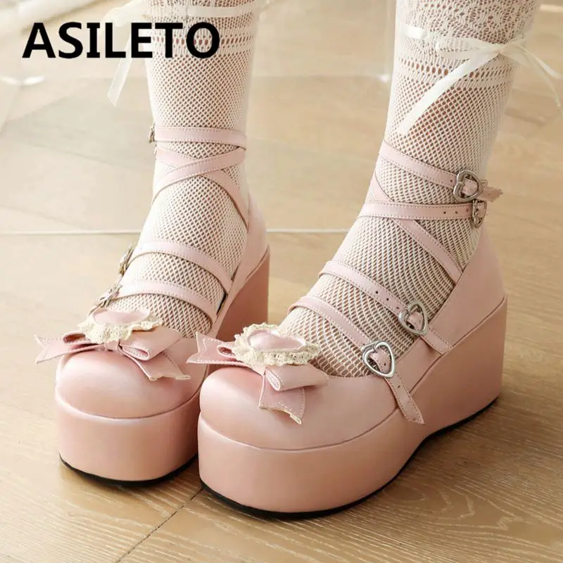 ASILETO Sweet Girls Lolita Pumps Square Toe Platform Hill Wedges Bowknot shoes Buckle Strap Plus Size 44 45 Dating Shoes