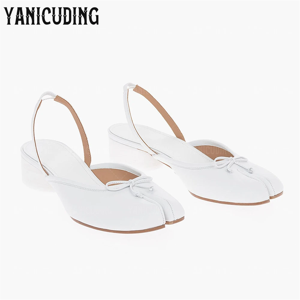 

3cm Back Strap Tabi Sandals White Leather Bow Slip on Summer Shoes Novelty Designer Style Split-Toe Cylindrical Heel High Heels