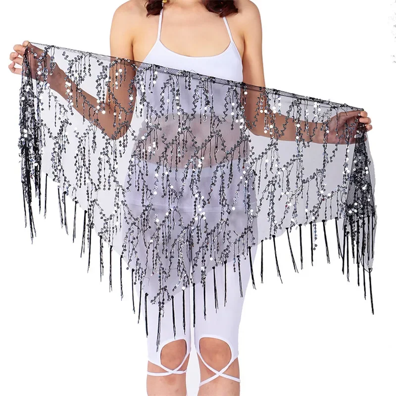 Новый стиль, шарф для танца живота с блестками и кисточками, индийские костюмы для танца живота, женский пояс для практики танца живота, треугольный шарф на бедрах