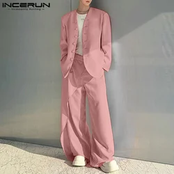 INCEURN Men Solid Color Two-piece Suits 2024 Korean Fashion Long Sleeve Tops Sets Loose Simple Commuting Outfits Handsome Suits