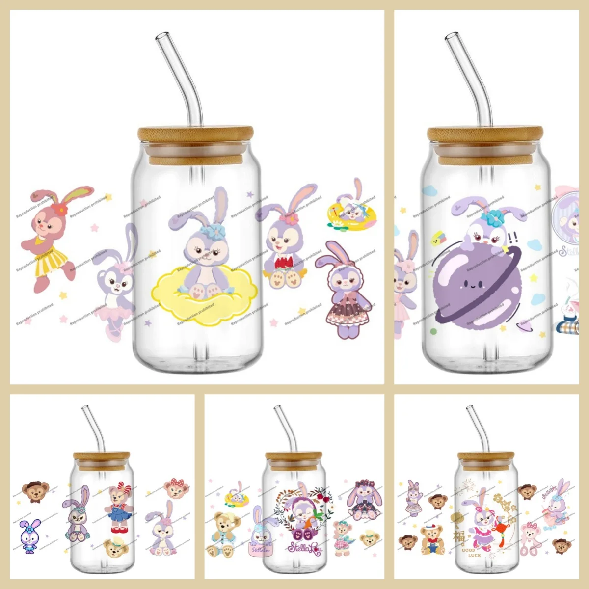 

New Kawaii StellaLou Plush Rabbit Decal for Libbey Glass Can 16oz UV DTF Cup Wrap 3D Phone Transfer Stickers DIY Waterproof