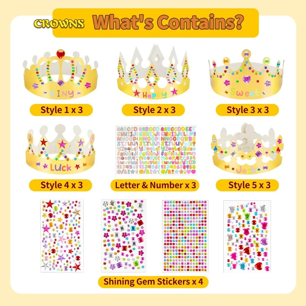 Kids King Princess Paper Crowns 15 Pieces Gold Tone, Comes with Gem Alphabet Number Stickers, DIY Accessory for Birthday, Classroom Craft and Party Decoration